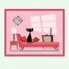 Black cat on a pink chaise lounge, enjoying catnip bonbons in a mid-century modern living room.