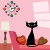 Black cat on a pink chaise lounge, enjoying catnip bonbons in a mid-century modern living room.