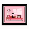 Black cat on a pink chaise lounge, enjoying catnip bonbons in a mid-century modern living room.
