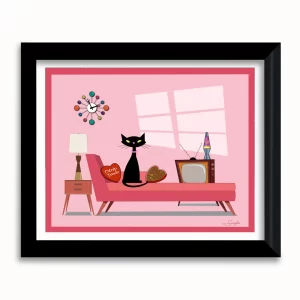 Black cat on a pink chaise lounge, enjoying catnip bonbons in a mid-century modern living room.
