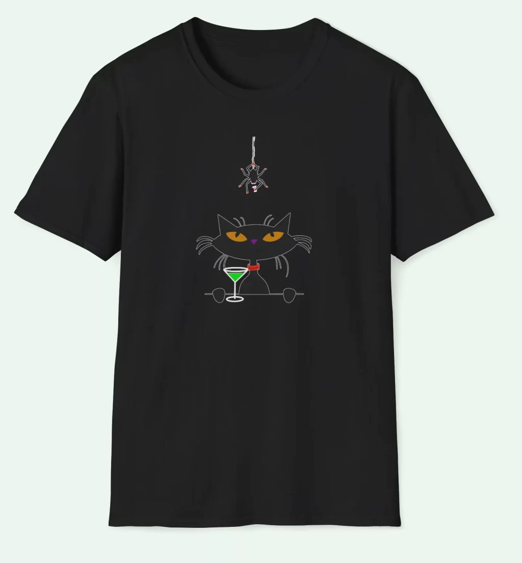 Mid Century Cat & Spider T-Shirt Featuring a sleek black cat and a daring spider, both poised for an unlikely cocktail party.