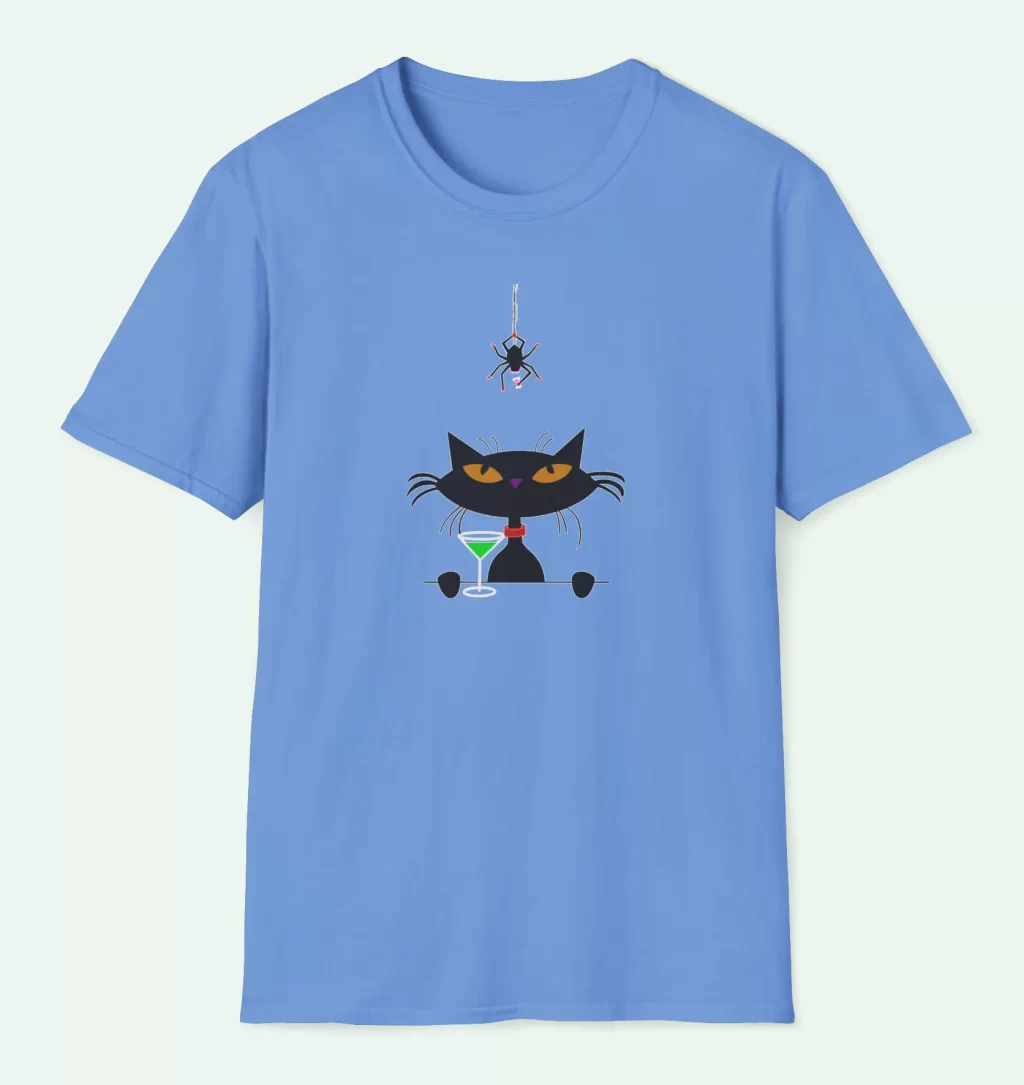 Mid Century Cat & Spider T-Shirt Featuring a sleek black cat and a daring spider, both poised for an unlikely cocktail party.