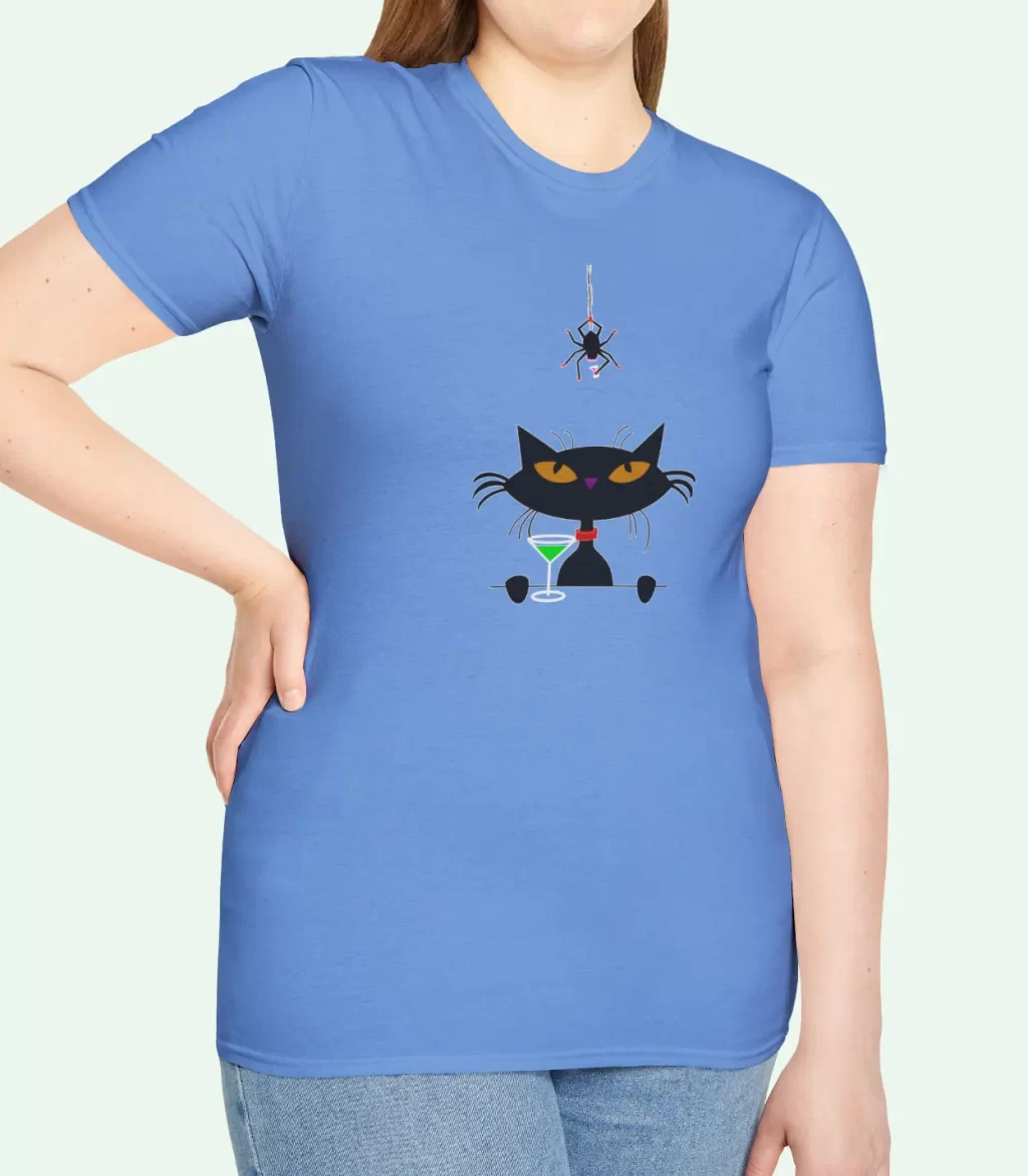 Mid Century Cat & Spider T-Shirt Featuring a sleek black cat and a daring spider, both poised for an unlikely cocktail party.