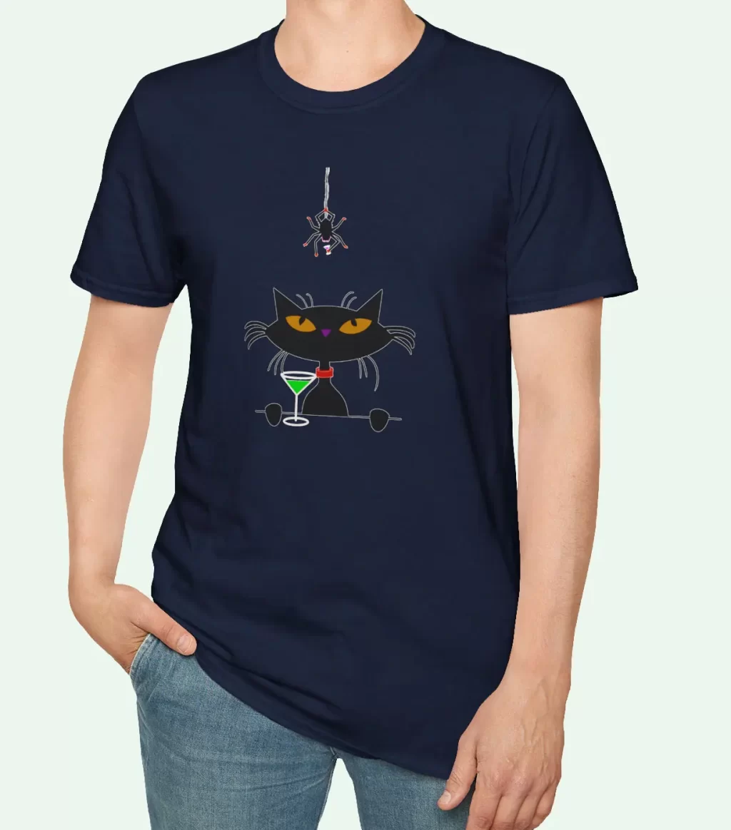 Mid Century Cat & Spider T-Shirt Featuring a sleek black cat and a daring spider, both poised for an unlikely cocktail party.