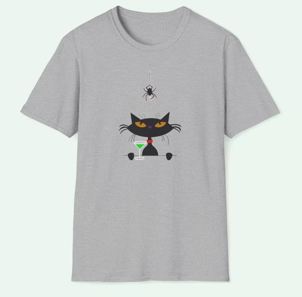 Mid Century Cat & Spider T-Shirt Featuring a sleek black cat and a daring spider, both poised for an unlikely cocktail party.