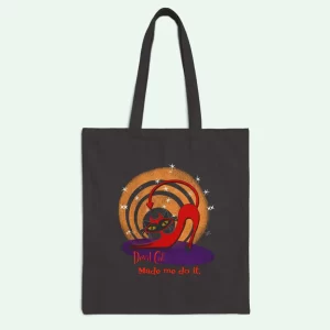 Retro devil cat tote with a cat in a devil costume artwork
