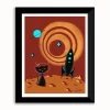 A mid-century modern illustration of a cat wearing a space helmet, standing in front of a rocket on the rocky lunar surface.