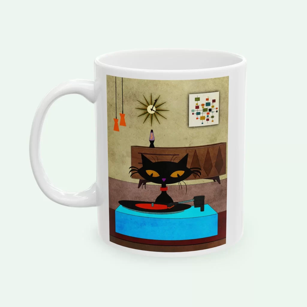 Mid-century modern mug with black cat playing records on a vintage turntable in a retro living room