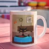 Mid-century modern mug with black cat playing records on a vintage turntable in a retro living room