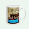 Mid-century modern mug with black cat playing records on a vintage turntable in a retro living room