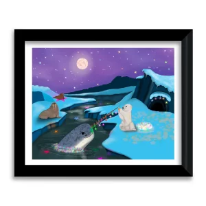 Arctic night scene art print with polar bear cub fishing for stars, narwhal, and walrus under a purple moonlit sky, framed wall art by Tracy Serafini