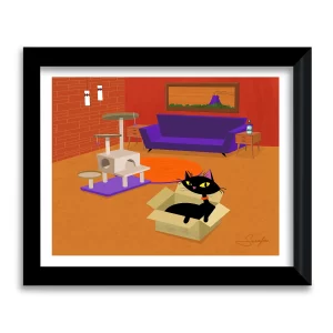 If It Fits I Sits mid century modern cat art print in black frame, black cat in a cardboard box surrounded by mid century modern furniture by Serafini Art