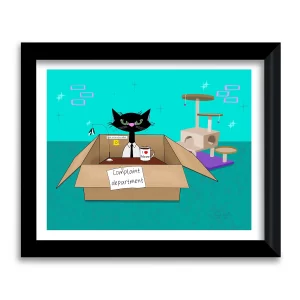 Mid century modern black cat in a cardboard box office wearing a shirt and tie, framed art print by Tom Serafini