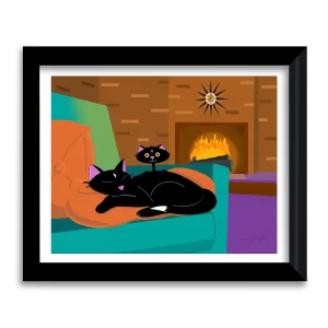 A framed Mid century modern illustration of a sleepy black cat curled on a teal sofa with a wide eyed kitten perched on her back, warm fireplace glowing behind them, starburst clock on the wall.