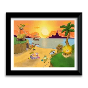 Treasure Beach Moonwater Meadow art print in black frame, whimsical characters on a beach adventure at sunset by Tom Serafini