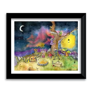 Moonwater Meadow Adventure Cadets gathered around a campfire under a colorful watercolor night sky, framed art print by Tom Serafini