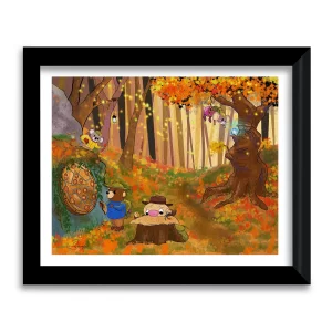 Autumn Portal Moonwater Meadow art print in black frame, Ollie and friends in a magical autumn forest by Tom Serafini