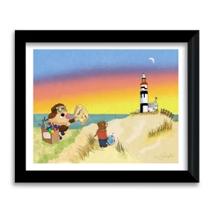 Ollie, The Adventure Spider with rocket blueprints and Bearly There Bear with space helmet on golden dunes at sunset, framed art print by Tom Serafini