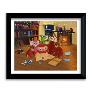 Cozy art print of Moonwater Meadow Adventure Cadets in pajamas gathered around a treasure map by a glowing fireplace, framed art print by Tom Serafini