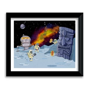 Moonwater Meadow Adventure Cadets in spacesuits on the moon with Earth in the background and a giant Tiki statue, framed art print by Tom Serafini