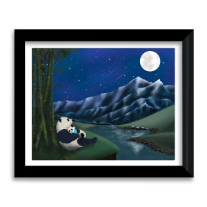 Mama panda and baby panda holding a glowing star, framed art print with night sky and mountains by Tracy Serafini