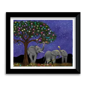 Three elephants discovering a magical star filled tree on the Savannah at night, framed art print by Tracy Serafini