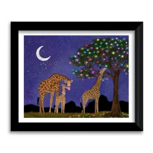 Mama giraffe nuzzling baby giraffe under a magical star filled tree at night, framed art print by Tracy Serafini