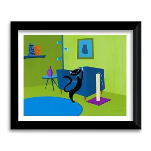 Black cat scratching a blue mid century modern couch with the scratcher unused nearby, framed art print by Tom Serafini