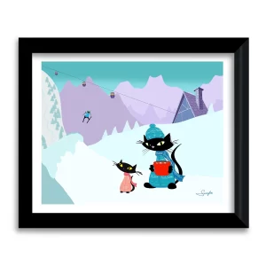 Après-Ski mid century modern cat art print in black frame, two black cats with cocoa on a snowy alpine scene by Serafini Art
