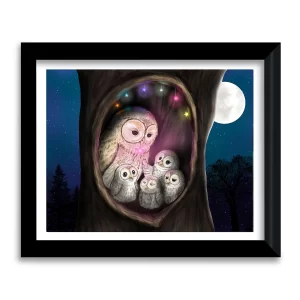 Mama owl and three owlets nestled in a glowing tree hollow with colorful hanging stars, framed art print by Tracy Serafini