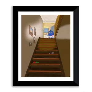 Harold's Bath Night whimsical monster art print in black frame, Harold the domesticated field and meadow monster on bath night by Tom Serafini