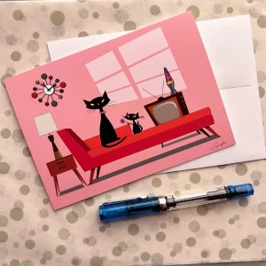 Mid century modern cat mother's day card by Tom Serafini displayed on a polka dot background with white envelope