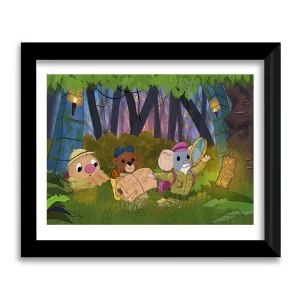 Jungle Secrets Moonwater Meadow art print in black frame, whimsical characters on a jungle adventure with torches and ancient symbols by Tom Serafini