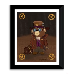 The Gentleman Adventurer Moonwater Meadow art print in black frame, Clarence brother to Bearly There Bear dressed in steampunk costume by Tom Serafini