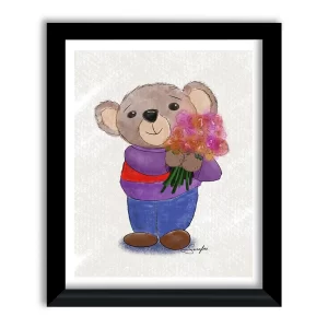 Emotional support bear art print featuring a sweet bear in a purple sweater holding a large bouquet of flowers, framed wall art by Tom Serafini