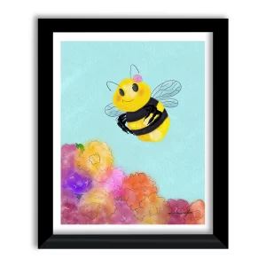 Cheerful bumblebee with rosy cheeks hovering over colorful watercolor garden flowers, framed art print by Tom Serafini